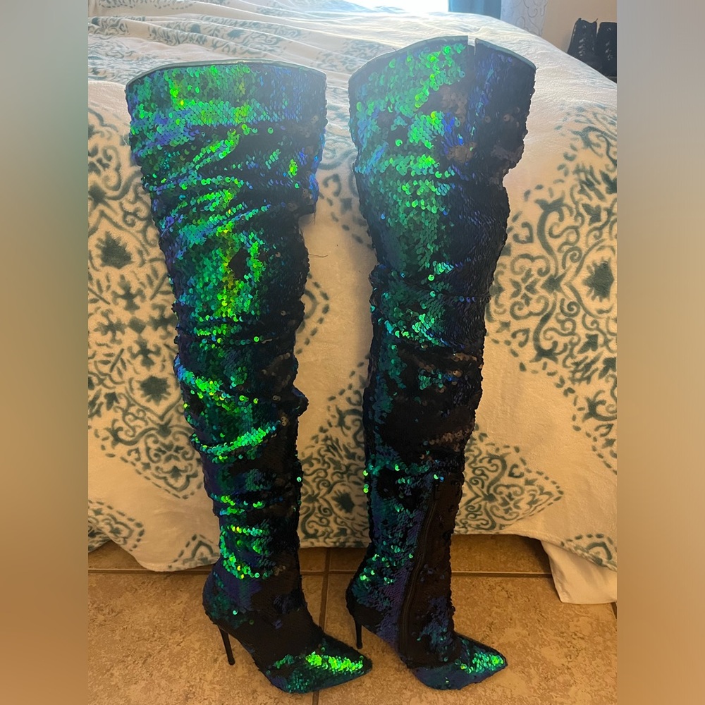 Thigh high green to black reversible sequin pleaser 6in high heel stiletto boots